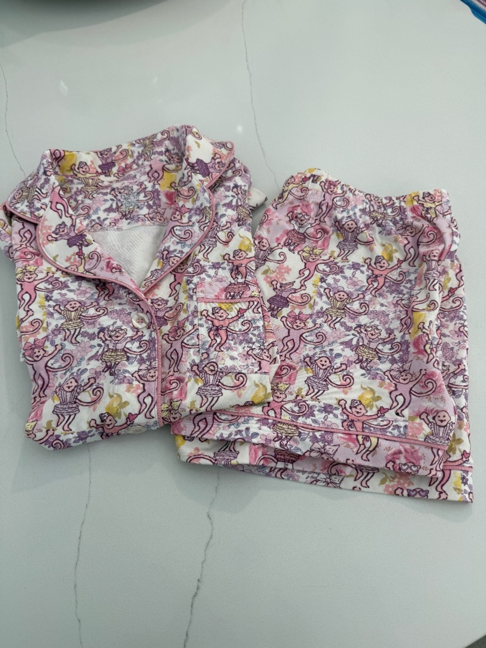 Roller Rabbit LoveShackFancy Pink Monkey 2 Piece Long Sleeve Shorts Sleep Set S